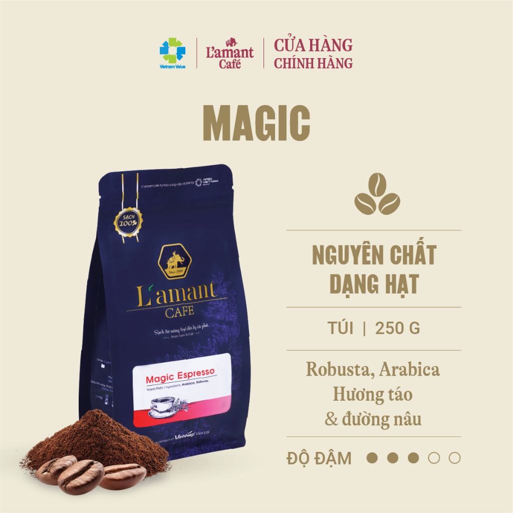 Cà Phê Hạt Rang L’amant Magic Espresso – Tối ưu cho pha máy – Blend Arabica & Robusta – Gói 250g