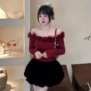 Áo thun kiểu tay dài trễ vai viền lông cổ, Áo ôm body bẹt vai viền lông Áo lệch vai ôm thắt eo basic