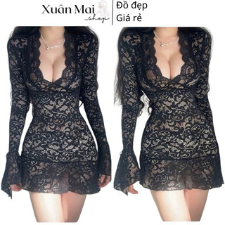 Đầm ren ôm body tay dài loe hở ngực cổ V form ngắn có lót vạt lệch 2 màu đen trắng đầm đi biển đi tiệc đi chơi siêu xinh