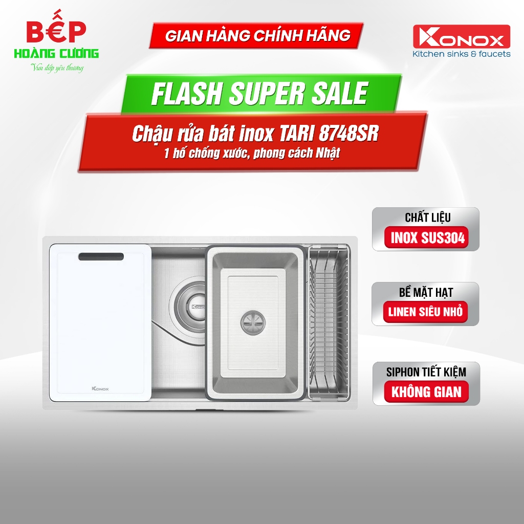 { Bảo hành 10 năm } Chậu rửa bát inox 1 hố chống xước Konox TARI 8748SR phong cách Nhật
