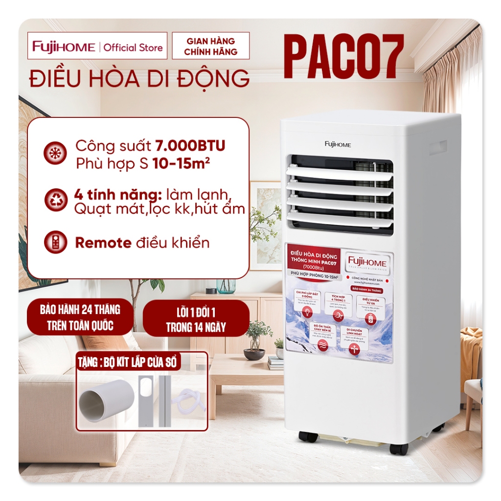 Điều hoà di động 15m2 Fujihome PAC07 Nhập Khẩu, Máy lạnh di động mini 7000 BTU 4 tính năng làm lạnh, quạt, hút ẩm