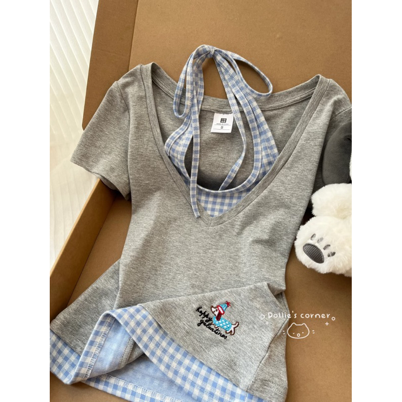 「 𝐒𝐮𝐦𝐦𝐞𝐫 𝐥𝐨𝐨𝐤 🥣 」Y2k acubi áo babytee hai lớp hở vai buộc dây cổ halter top màu xanh nhạt vintage mặ