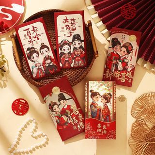 Xấp 6 Cái Size lớn - Thiệp lì xì đám cưới bưng mâm quả tiệc cưới tân hôn hình Chibi - Nhiều kiểu mới lạ sang trọng