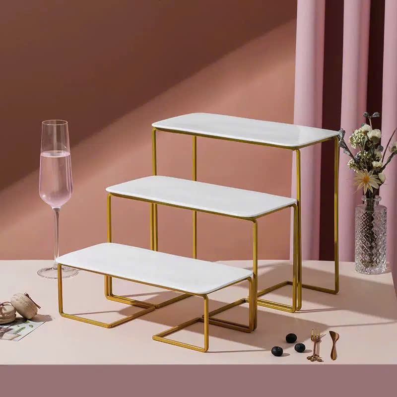 Set 3 kệ bánh khung vàng đĩa sứ trắng (đĩa rời) Decor Sinh Nhật,Party,Teabreak