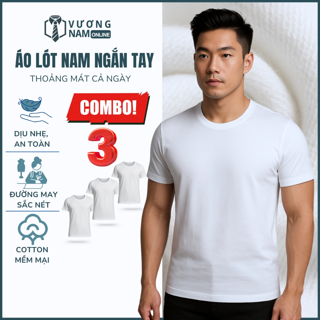 Áo lót nam cotton 3 cái hanoisimex trắng thấm hút mồ hôi tốt kiểu trơn VNO05