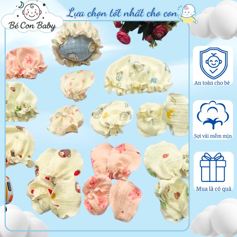 Set Đầy Đủ Mũ, Bao Tay, Bao Chân Vải Xô Musin Mềm Mại, Họa Tiết Đáng Yêu, Chống Trầy Xước Cho Bé Con