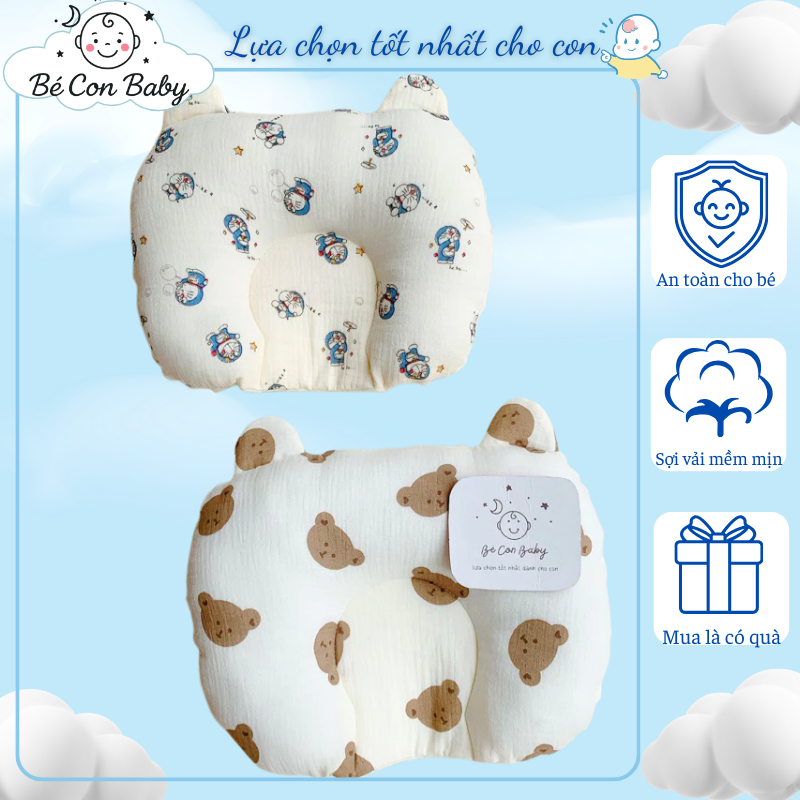 Gối Chống Bẹt Đầu Cho Bé Sơ Sinh, Gối Lõm Chống Méo Đầu, Vải Xô Muslin Mix Hạt Matxa - Bé Con Baby