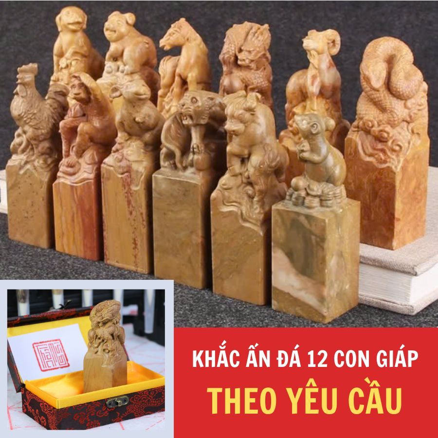 [1]Khắc Ấn Triện Đá 12 Con Giáp, con dấu theo yêu cầu trên Đá, cao su kèm hộp đựng & mực chu sa