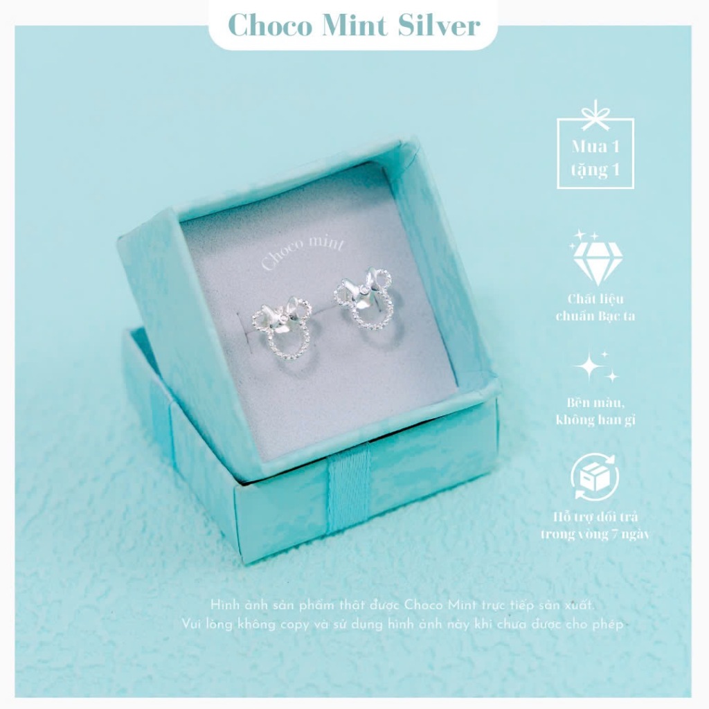 Khuyên tai bạc Ta hình gấu Teddy Choco Mint có đính đá sáng lấp lánh; không gây kích ứng với da, khô