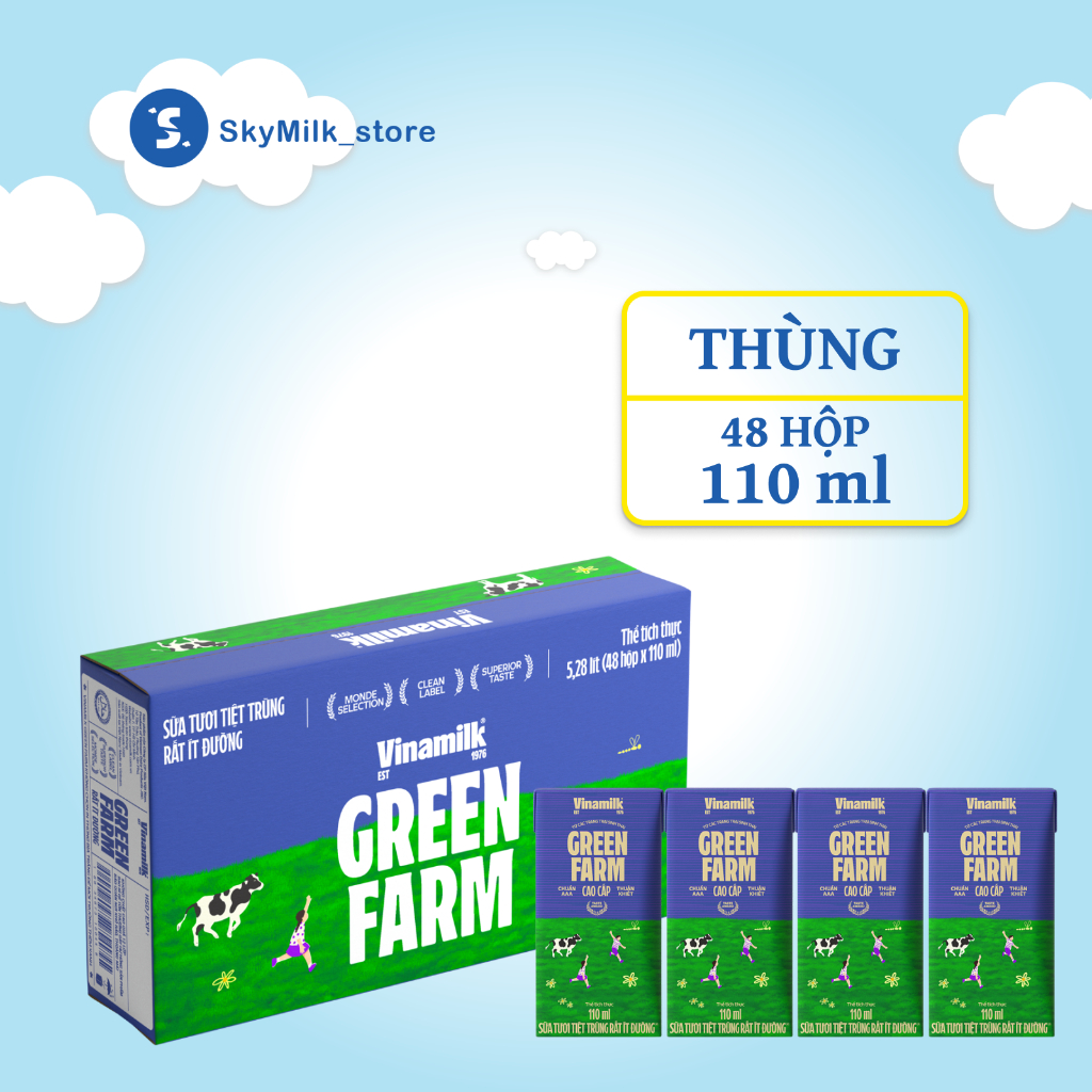Vinamilk - Thùng 48 Hộp 110ml Sữa Tươi Tiệt Trùng Vinamilk Green Farm Rất ít đường - Lốc 4 Hộp 110ml