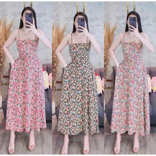  Váy hoa nhí 2 dây đi biển đầm maxi đi biển hoa nhí xếp ly váy hai dây lưng chun dáng dài VD04 - BIATON KIDS 
