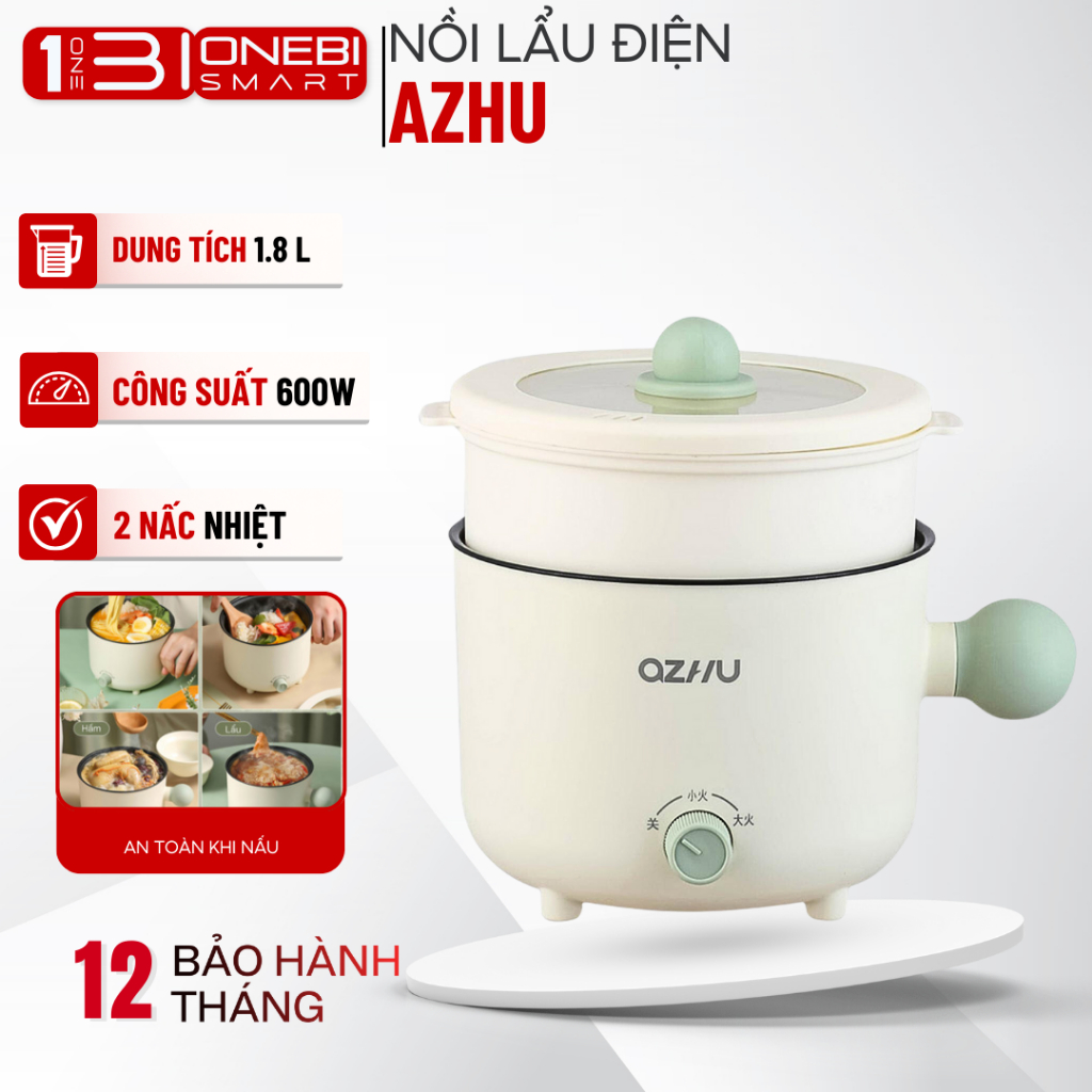 Nồi Lẩu Điện Mini AZHU Đa Năng 2 Nấc Nhiệt Kèm Giá Hấp Có Tay Cầm Dung Tích 1.8L Công suất 600W
