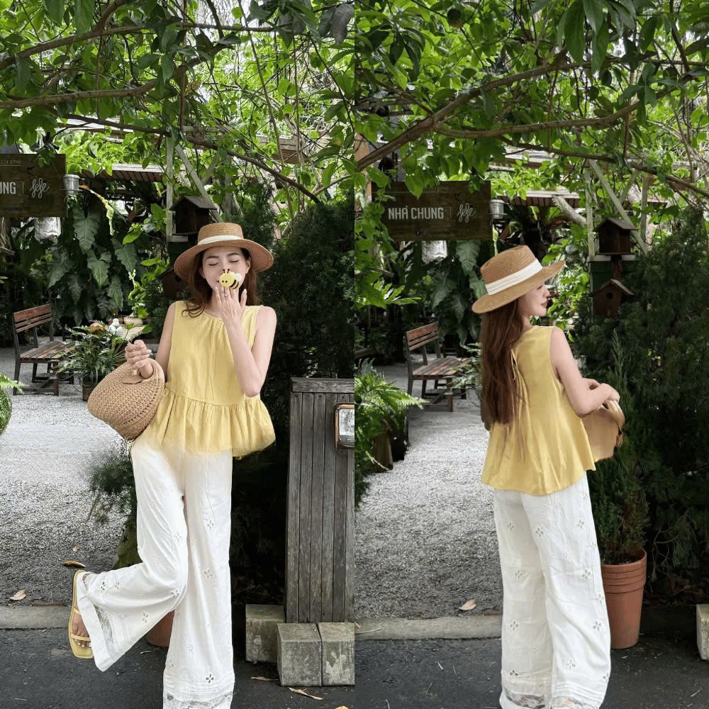 Set Áo BabyDoll Thô Vàng Kèm Quần Suông Hoa Thêu 2001 Clothing