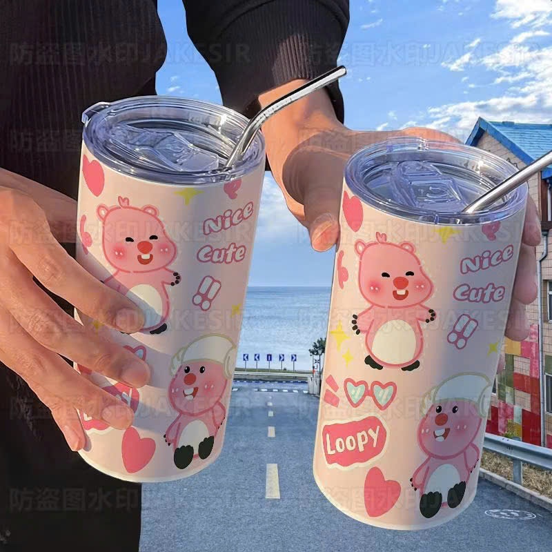 Bình Nước 600ml Giữ Nhiệt In Hình gấu loopy Dễ Thương Có Ống Hút Tiện Dụng Cho Học Sinh