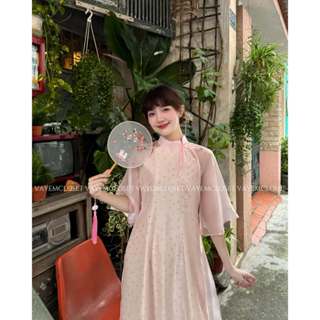  Áo dài cách tân thiết kế 4 tà dáng suông vải tơ hoa nhí diện đám cưới đi chơi Tết Vayemcloset 