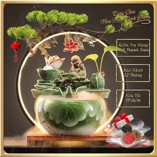 Thác Nước Phong Thủy Ngọc Bích Gốm Cao Cấp Hoa Văn Sang Trọng Trang Trí Bàn Làm Việc, Quà Tặng