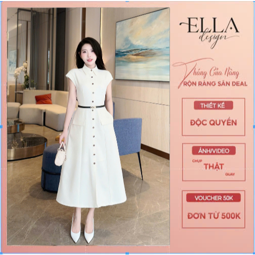 Váy Đầm Thiết Kế Ella Desgin dành cho nữ kiểu dáng tay cộc, cổ bẻ phối dây blet phù hợp mặc đi làm, 