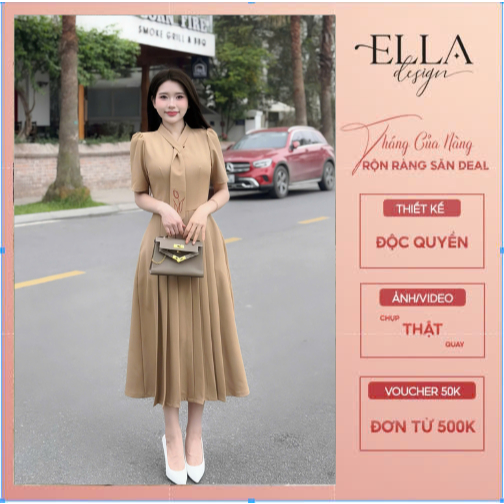 Váy Đầm Thiết Kế Ella Desgin dành cho nữ dáng dài tùng xòe phối dây cổ thêu hoa A14