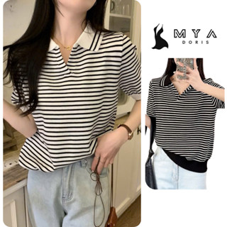 Áo thun len cổ bẻ sọc ngang tay ngắn nữ MYA, áo polo len nữ cộc tay dáng rộng form suông nhẹ