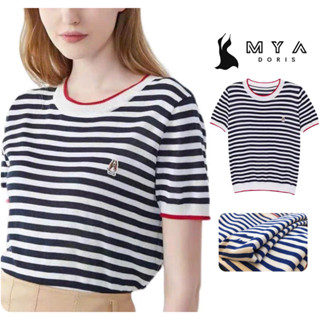 Áo thun len sọc ngang nữ tay ngắn MYA, áo len mỏng dệt kim cổ tròn viền đỏ logo thêu basic