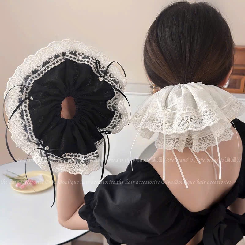 Buộc Tóc Nữ, Dây Buộc Tóc Scrunchies Viền Ren Trắng Đính Nơ Buộc Nữ Tính_Tana StoreeBuộc Tóc Nữ, Dây
