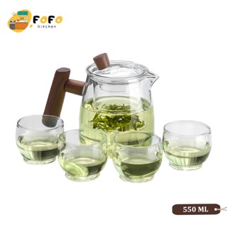 Bộ ấm trà thủy tinh chịu nhiệt 550ml Bộ ấm chén uống trà có lõi lọc và 4 ly thuỷ tinh Bộ bình pha trà quai gỗ FOFO
