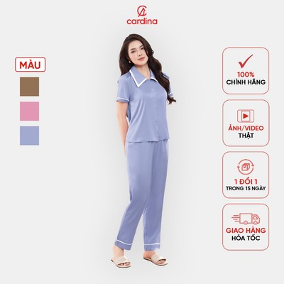 Đồ bộ pyjama nữ CARDINA chất liệu lụa tay cộc quần suông cổ nhọn viền trắng 4PCD06