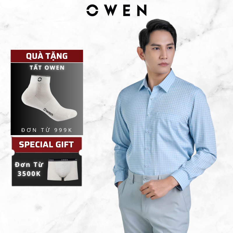 Áo Sơ Mi Nam Dài Tay Owen AR250055DT màu xanh kẻ sọc dáng Regular Fit,chất liệu BAMBOO mềm mịn