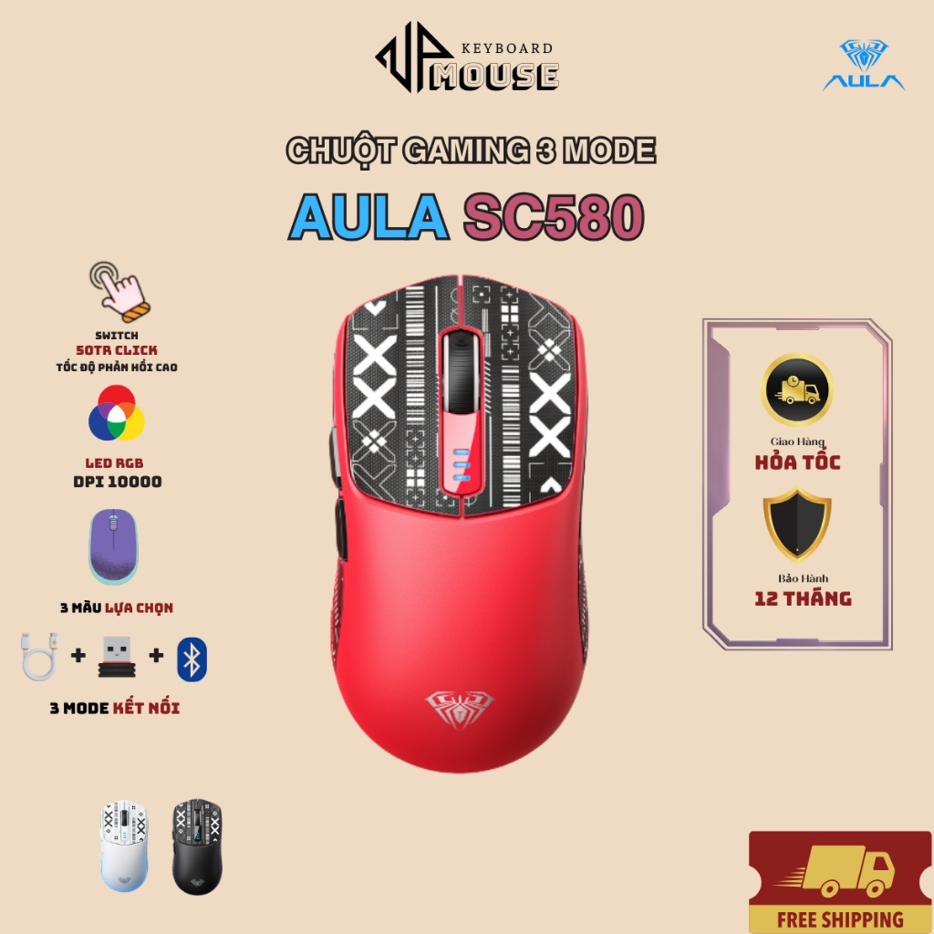 Chuột máy tính không dây AULA SC580- Kết nối 3 MODE, DPI 10000 Thiết kế siêu nhẹ vừa tay