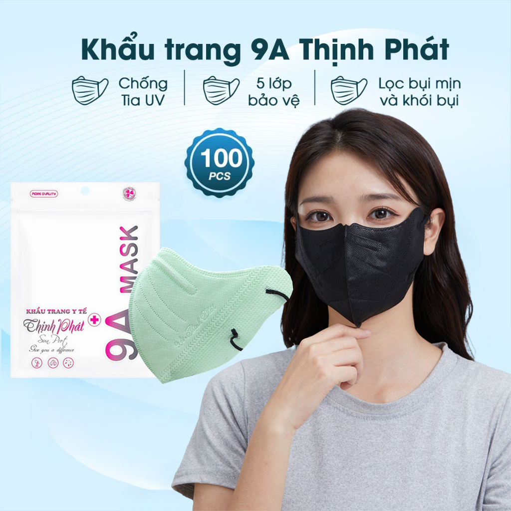 Combo 100 chiếc khẩu trang 9A Thịnh Phát Màu Xanh, Khẩu trang 9A Mask Màu Xanh cao cấp