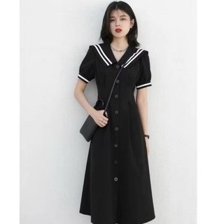 Váy nữ midi màu đen dáng dài cổ thủy thủ, viền đen trăngn