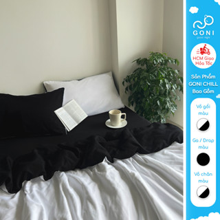 Bộ vỏ chăn mền ga gối GONI CHILL màu Trắng Đen - Ga drap giường bo chun cao 4-25cm kích thước 1m, 1m2 ,1m4, 1m6, 1m8, 2m