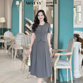  Set thiết kế Nhât Vy áo cổ tròn cài nút bọc phối chân váy dáng dài chất lụa phù hợp công sở - D3248 