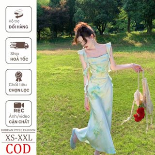đầm trễ vai xanh lá dây dàitrễ vai  iểu thư dáng dài sọc caro hở lưngđầm vintage pháp bigsize đi biển