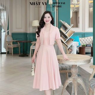 Set thiết kế Nhật Vy đầm 2 dây phối áo khoác cổ vest chất lụa sọc gân phù hợp dự tiệc đi chơi - D3083