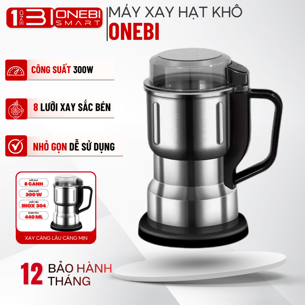 Máy Xay Hạt Khô Siêu Mịn Onebi 8 Lưỡi Dao Công Suất 300W Chất Liệu Inox 304 Cao Cấp Nghiền Đồ Khô Cà Phê Bột Ngũ Cốc