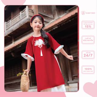 Áo dài Tết bé gái HUMYNGO màu đỏ kèm chân váy thiết kế xòe chất liệu lụa ngọc trai cao cấp cho bé từ 14 - 42kg [100]