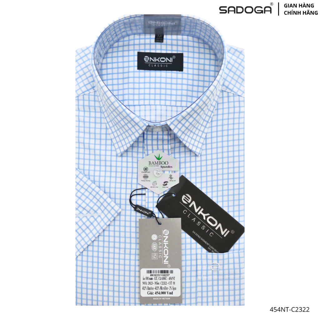 Áo Sơ Mi Nam Enkoni Classic Cộc Tay, Sơ Mi Có Túi Caro Sợi Tre Khử Mùi EC-454C