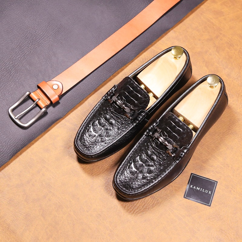 Giày Mọi Lười Nam Da Bò In Cá Sấu Băng Khoá KAMILUX Đế Cao Su Có Khâu Đế Gl22