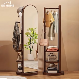 GO HOME Gương Toàn Thân Viền Gỗ Xoay 360° Gương di động soi toàn thân kèm kệ móc treo đồ Decor Phòng Trọ & Phòng Ngủ