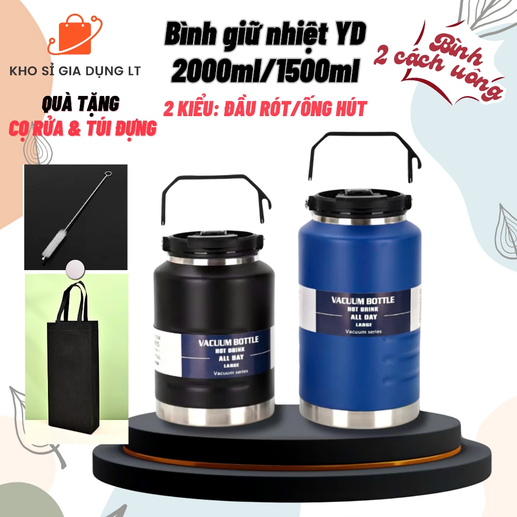 (Tặng túi vải)Bình Giữ Nhiệt YD inox 304 2000ml/1500ml miệng rộng có ống hút tiện lợi