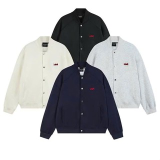 Áo Khoác Bomber Nam Nữ Logo Thêu M Chất Nỉ 2 Da Phối Cúc Bấm Xịn 4 Màu