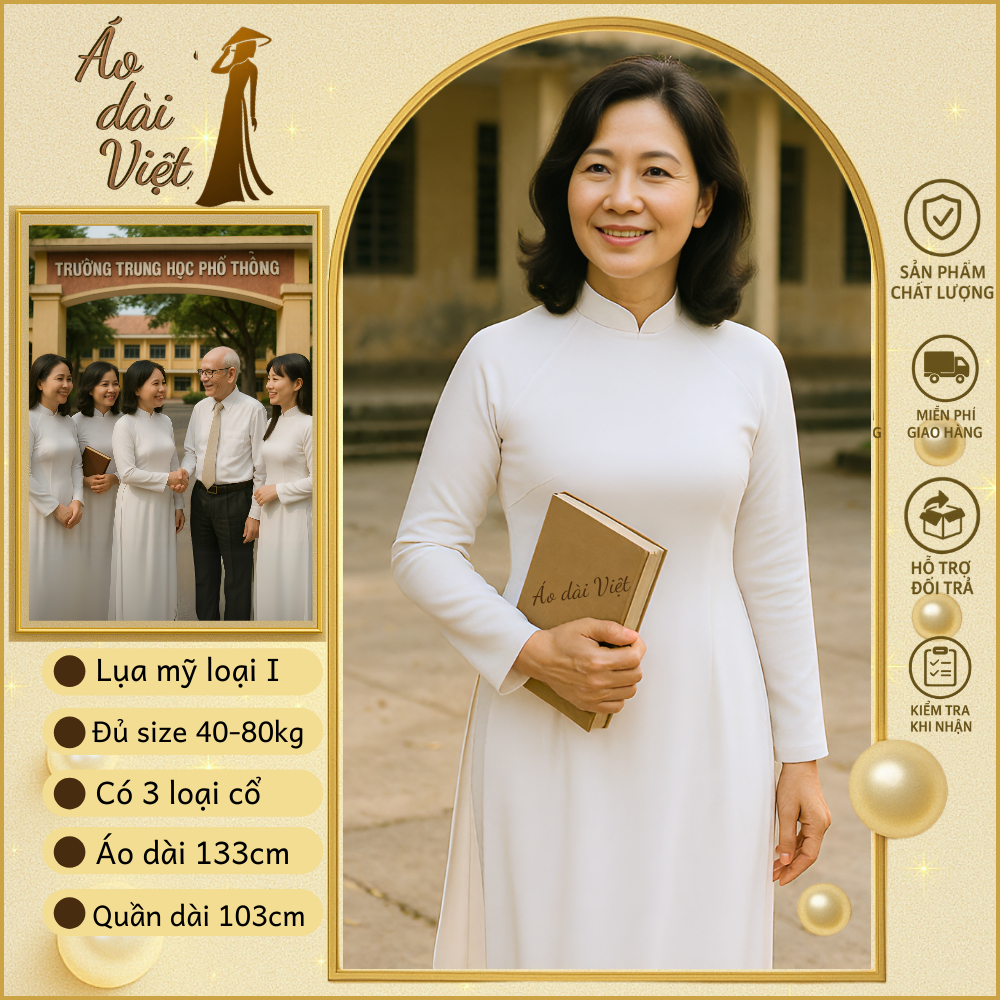 Áo dài trắng nữ trung niên truyền thống họp lớp chụp kỷ yếu đi lễ chùa lụa cao cấp sang trọng Việt