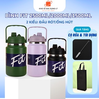   Tặng túi vải Bình giữ nhiệt dung tích lớn FIT 2500ml 2000ml 1500ml miệng rộng dáng lùn trên nắp kèm ống hút,miệng rót 