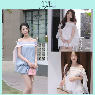 Set Váy Tơ Xốp Trễ Vai Thiết Kế Vạt Thả Phối Bo Chun Dáng Bí Tặng Kèm Quần Rời