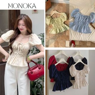 (mặc 2 kiểu) Áo babydoll chất linen trễ vai nhún eo thắt nơ tôn dáng Áo kiểu nữ cổ vuông tay bồng vintage bánh bèo T541G