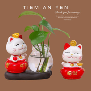 Bình thuỷ sinh trồng cây Mèo Thần Tài Lắc Đầu lò xo Tiệm An Yên, chậu thuỷ sinh để bàn, trồng cây
