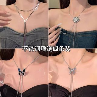 Vòng Cổ Đính Đá Hình Bướm, Choker Titan Dài Không Gỉ, Dây Chuyền Nữ Cá Tính Phong Cách Thời Trang
