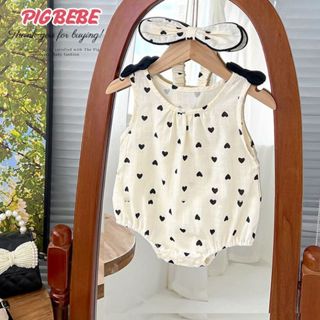 Body Chip Bé Gái Pig BeBe, Áo Liền Thân Hai Dây Đính Nơ Đen Tặng Kèm Băng Đô Họa Tiết Chấm Bi Dễ Thương Cho Bé Sơ Sinh