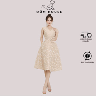 (Có bigsize) Đầm váy thiết kế phom xòe kết hoa eo màu nude sang trọng đi tiệc